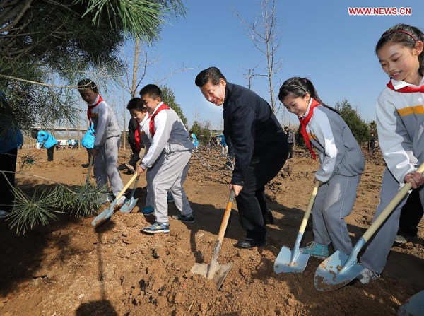 Chinese President Xi Jinping (3rd, R) plants a sapling together with pupils during a tree-planting event in Sunhe Township of Chaoyang District in Beijing, capital of China, April 3, 2015. Top Communist Party of China (CPC) and state leaders Xi Jinping, Li Keqiang, Zhang Dejiang, Yu Zhengsheng, Liu Yunshan, Wang Qishan and Zhang Gaoli attended a tree planting event in Beijing on Friday. (Xinhua/Lan Hongguang) Chinese President Xi Jinping (3rd, R) plants a sapling together with pupils during a tree-planting event in Sunhe Township of Chaoyang District in Beijing, capital of China, April 3, 2015. Top Communist Party of China (CPC) and state leaders Xi Jinping, Li Keqiang, Zhang Dejiang, Yu Zhengsheng, Liu Yunshan, Wang Qishan and Zhang Gaoli attended a tree planting event in Beijing on Friday. (Xinhua/Lan Hongguang)