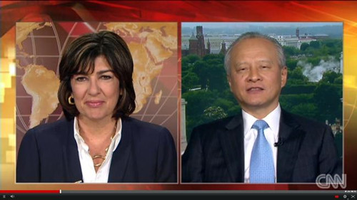 The interview of Chinese Ambassador to the US Cui Tiankai (Right) with CNN's Christiane Amanpour. The interview of Chinese Ambassador to the US Cui Tiankai (Right) with CNN's Christiane Amanpour.