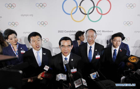 Wang Anshun (C), President of the Beijing 2022 bid committee and Mayor of Beijing, addresses to the media after the briefing for International Olympic Committee (IOC) members by the 2022 Winter Olympic Games candidate city of Beijing at the IOC Museum in Lausanne, Switzerland, on June 9, 2015. (Xinhua/Zhou Lei) Wang Anshun (C), President of the Beijing 2022 bid committee and Mayor of Beijing, addresses to the media after the briefing for International Olympic Committee (IOC) members by the 2022 Winter Olympic Games candidate city of Beijing at the IOC Museum in Lausanne, Switzerland, on June 9, 2015. (Xinhua/Zhou Lei)