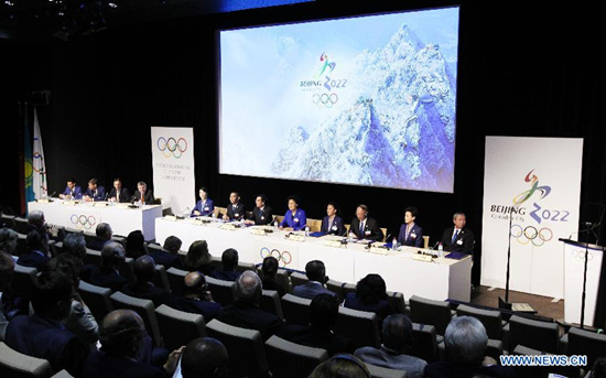 A general view shows the China Beijing 2022 Winter Olympics bid delegation groups at the presentation of Beijing Candidate City's bid for the 2022 Winter Olympic games, at the IOC Museum in Lausanne, Switzerland, on June 9, 2015. (Xinhua/Zhou Lei) A general view shows the China Beijing 2022 Winter Olympics bid delegation groups at the presentation of Beijing Candidate City's bid for the 2022 Winter Olympic games, at the IOC Museum in Lausanne, Switzerland, on June 9, 2015. (Xinhua/Zhou Lei)