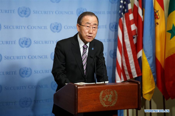 The United Nations Secretary-General Ban Ki-moon speaks to journalists on the Democratic People's Republic of Korea (DPRK)'s announcement of first hydrogen bomb test, at the UN headquarters in New York, the United States, Jan. 6, 2016. UN chief condemns unequivocally DPRK over hydrogen bomb test. (Photo: Xinhua/Li Muzi) The United Nations Secretary-General Ban Ki-moon speaks to journalists on the Democratic People's Republic of Korea (DPRK)'s announcement of first hydrogen bomb test, at the UN headquarters in New York, the United States, Jan. 6, 2016. UN chief condemns unequivocally DPRK over hydrogen bomb test. (Photo: Xinhua/Li Muzi)
