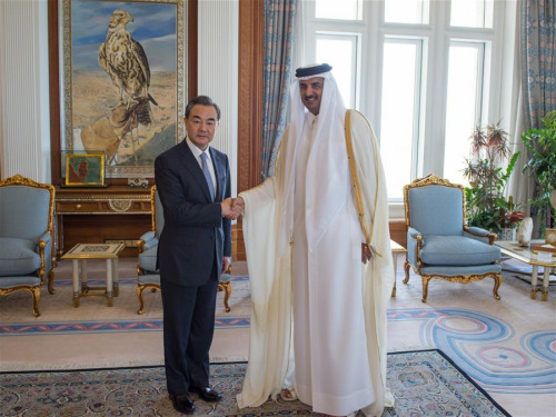 Qatar's head of state, Emir H H Sheikh Tamim Bin Hamad Bin Khalifa Al Thani (R) meets with Chinese Foreign Minister Wang Yi in Doha, Qatar, May 11, 2016. (Photo: Xinhua/Meng Tao) Qatar's head of state, Emir H H Sheikh Tamim Bin Hamad Bin Khalifa Al Thani (R) meets with Chinese Foreign Minister Wang Yi in Doha, Qatar, May 11, 2016. (Photo: Xinhua/Meng Tao)