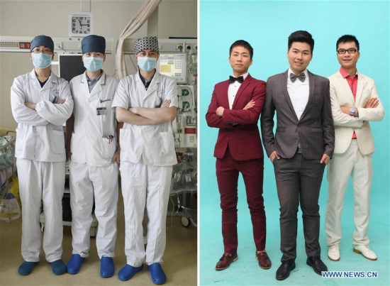 Nurse Yang Rui (C) poses for a group photo with his colleagues at the Third Xiangya Hospital of Central South University in Changsha, capital of central China's Hunan Province, May 10, 2016. (Photo/Xinhua)