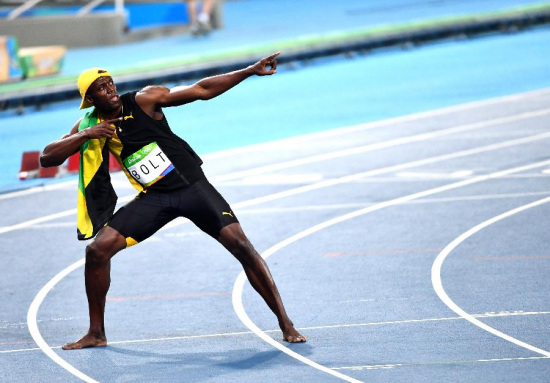 Usain Bolt ofJamaica celebrates after the final of men's 100m at the 2016 RioOlympic Games in Rio de Janeiro, Brazil, on Aug. 14, 2016. UsainBolt won the gold medal with 9.81. (Xinhua/Yan Yan) Usain Bolt ofJamaica celebrates after the final of men's 100m at the 2016 RioOlympic Games in Rio de Janeiro, Brazil, on Aug. 14, 2016. UsainBolt won the gold medal with 9.81. (Xinhua/Yan Yan)