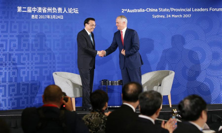 Chinese Premier Li Keqiang (L) shakes hands with Australian Prime Minister Malcolm Turnbull at the 2nd Australia-China State/Provincial Leaders Forum in Sydney, Australia, March 24, 2017. (Xinhua/Yao Dawei) Chinese Premier Li Keqiang (L) shakes hands with Australian Prime Minister Malcolm Turnbull at the 2nd Australia-China State/Provincial Leaders Forum in Sydney, Australia, March 24, 2017. (Xinhua/Yao Dawei)