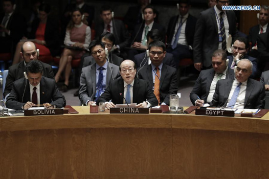 Liu Jieyi (C, front), China's permanent representative to the UN, speaks after voting on a draft Security Council resolution at the UN headquarters in New York, on April 12, 2017. (Xinhua/Li Muzi) Liu Jieyi (C, front), China's permanent representative to the UN, speaks after voting on a draft Security Council resolution at the UN headquarters in New York, on April 12, 2017. (Xinhua/Li Muzi)