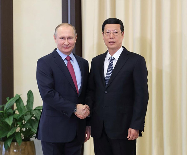Chinese Vice Premier Zhang Gaoli (R) meets with Russian President Vladimir Putin in Moscow, Russia, April 13, 2017. (Xinhua/Wang Ye) Chinese Vice Premier Zhang Gaoli (R) meets with Russian President Vladimir Putin in Moscow, Russia, April 13, 2017. (Xinhua/Wang Ye)