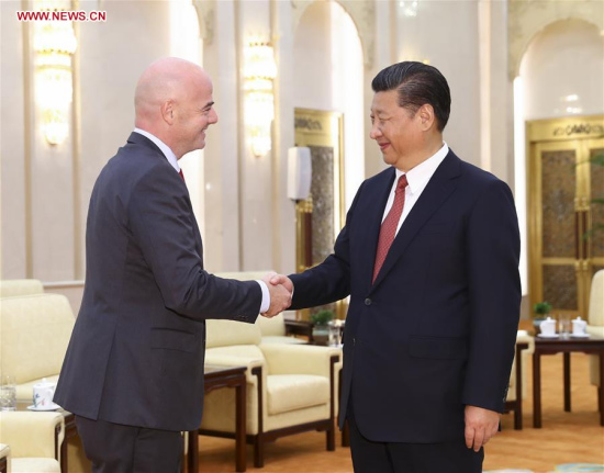 Chinese President Xi Jinping (R) meets with FIFA president Gianni Infantino in Beijing, capital of China, June 14, 2017. (Xinhua/Xie Huanchi) Chinese President Xi Jinping (R) meets with FIFA president Gianni Infantino in Beijing, capital of China, June 14, 2017. (Xinhua/Xie Huanchi)