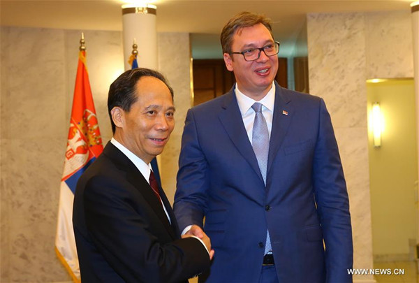 Ji Bingxuan (L), special envoy of Chinese President Xi Jinping and also vice chairman of the Standing Committee of the National People's Congress of China, China's top legislature, shakes hands with the newly-elected Serbian President Aleksandar Vucic during their meeting in Belgrade, capital of Serbia, on June 23, 2017. (Xinhua/Gong Bing) Ji Bingxuan (L), special envoy of Chinese President Xi Jinping and also vice chairman of the Standing Committee of the National People's Congress of China, China's top legislature, shakes hands with the newly-elected Serbian President Aleksandar Vucic during their meeting in Belgrade, capital of Serbia, on June 23, 2017. (Xinhua/Gong Bing)