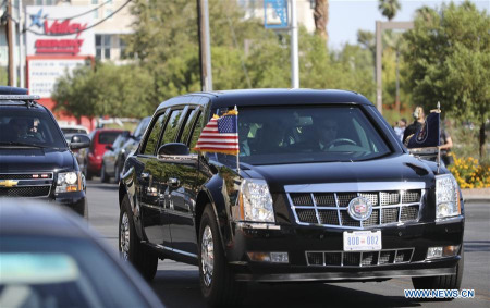 President Trump's motorcade arrives at University Medical Center of Southern Nevada in Las Vegas, theUnited States, on Oct. 4, 2017. U.S. President Donald Trump and first lady Melania Trump traveled to Las Vegas on Wednesday to show their support for the victims of Sunday's shooting massacre. (Xinhua/Wang Ying) President Trump's motorcade arrives at University Medical Center of Southern Nevada in Las Vegas, theUnited States, on Oct. 4, 2017. U.S. President Donald Trump and first lady Melania Trump traveled to Las Vegas on Wednesday to show their support for the victims of Sunday's shooting massacre. (Xinhua/Wang Ying)