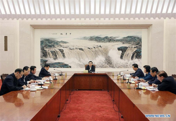 Zhang Dejiang, chairman of the National People's Congress (NPC) Standing Committee, presides over the meeting of the Leading Party Members' Group of the 12th NPC Standing Committee to comprehend the meaning of the 19th Communist Party of China (CPC) National Congress, in Beijing, China, Oct. 26, 2017. (Xinhua/Liu Weibing) Zhang Dejiang, chairman of the National People's Congress (NPC) Standing Committee, presides over the meeting of the Leading Party Members' Group of the 12th NPC Standing Committee to comprehend the meaning of the 19th Communist Party of China (CPC) National Congress, in Beijing, China, Oct. 26, 2017. (Xinhua/Liu Weibing)