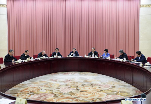 Zhang Dejiang, chairman of the National People's Congress (NPC) Standing Committee, presides over the meeting of the Leading Party Members' Group of the 12th NPC Standing Committee to comprehend the meaning of the 19th Communist Party of China (CPC) National Congress, in Beijing, China, Oct. 26, 2017. (Xinhua/Liu Weibing) Zhang Dejiang, chairman of the National People's Congress (NPC) Standing Committee, presides over the meeting of the Leading Party Members' Group of the 12th NPC Standing Committee to comprehend the meaning of the 19th Communist Party of China (CPC) National Congress, in Beijing, China, Oct. 26, 2017. (Xinhua/Liu Weibing)