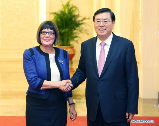 Zhang Dejiang (R), chairman of China's National People's Congress Standing Committee, shakes hands with Serbian National Assembly Speaker Maja Gojkovic in Beijing, capital of China, Nov. 27, 2017. (Xinhua/Yao Dawei)