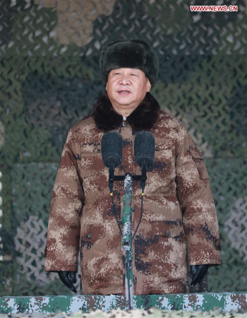 Chinese President Xi Jinping, also general secretary of the Communist Party of China Central Committee and chairman of the Central Military Commission, issues an order at a mobilization meeting held by the commission on Jan. 3, 2018. (Xinhua/Li Gang)