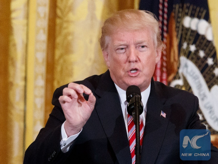 File Photo: U.S. President Donald Trump speaks during a National African American History Month reception at the White House in Washington D.C., the United States, Feb. 13, 2018. (Xinhua/Ting Shen) File Photo: U.S. President Donald Trump speaks during a National African American History Month reception at the White House in Washington D.C., the United States, Feb. 13, 2018. (Xinhua/Ting Shen)