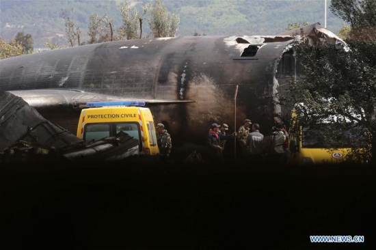 Algerian soldiers clean the site of the accident in Blida province, 30 km southwest of Algiers, Algeria, April 11, 2018. The death toll of an Algerian military plane that crashed early on Wednesday in the military airport of Boufarik, 30 km south of Algiers, has risen to 257, local media reported. (Xinhua) Algerian soldiers clean the site of the accident in Blida province, 30 km southwest of Algiers, Algeria, April 11, 2018. The death toll of an Algerian military plane that crashed early on Wednesday in the military airport of Boufarik, 30 km south of Algiers, has risen to 257, local media reported. (Xinhua)
