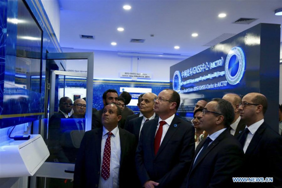 Secretary General of Arab Information and Communication Technology Organization, Mohamed Ben Amor (2nd L, front) visits the China-Arab States BDS/GNSS Center in Tunis, Tunisia, April 11, 2018. (Xinhua/Liu Kai) Secretary General of Arab Information and Communication Technology Organization, Mohamed Ben Amor (2nd L, front) visits the China-Arab States BDS/GNSS Center in Tunis, Tunisia, April 11, 2018. (Xinhua/Liu Kai)