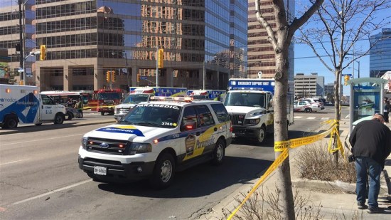 Ambulances are seen near the site where a van struck pedestrians in Toronto, Canada, April 23, 2018. A white van struck multiple pedestrians in Toronto's northern suburbs on Monday and police have taken the driver into custody, police said on Twitter. (Xinhua/Zou Zheng) Ambulances are seen near the site where a van struck pedestrians in Toronto, Canada, April 23, 2018. A white van struck multiple pedestrians in Toronto's northern suburbs on Monday and police have taken the driver into custody, police said on Twitter. (Xinhua/Zou Zheng)