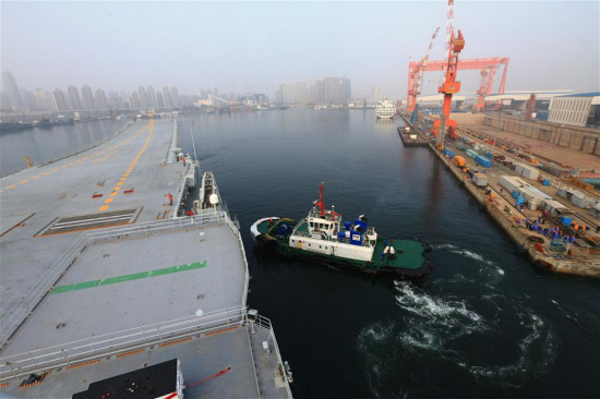 China's first home-built aircraft carrier leaves Dalian in northeast China's Liaoning Province for sea trials on May 13, 2018. (Xinhua/Hu Kaibing) China's first home-built aircraft carrier leaves Dalian in northeast China's Liaoning Province for sea trials on May 13, 2018. (Xinhua/Hu Kaibing)