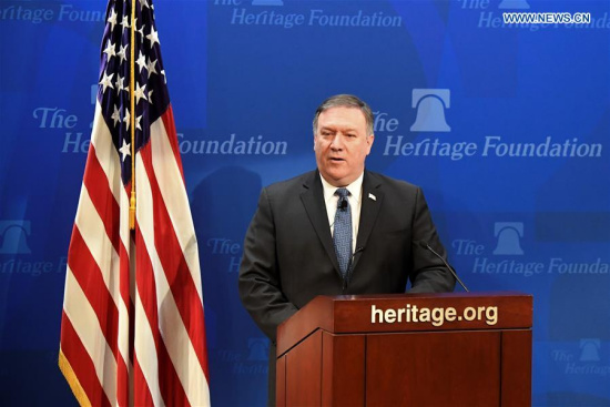 U.S. Secretary of State Mike Pompeo delivers a speech regarding U.S. policy after withdrawing from Iran nuclear deal at the Heritage Foundation in Washington D.C., the United States, on May 21, 2018. (Xinhua/Yang Chenglin)