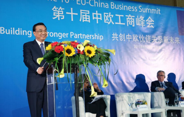 Chinese Premier Li Keqiang delivers a speech during the European Union (EU)-China Business Summit in Brussels, Belgium, June 29, 2015. President of the European Commission Jean-Claude Juncker also attended the summit. (Photo: Xinhua/Yao Dawei) Chinese Premier Li Keqiang delivers a speech during the European Union (EU)-China Business Summit in Brussels, Belgium, June 29, 2015. President of the European Commission Jean-Claude Juncker also attended the summit. (Photo: Xinhua/Yao Dawei)