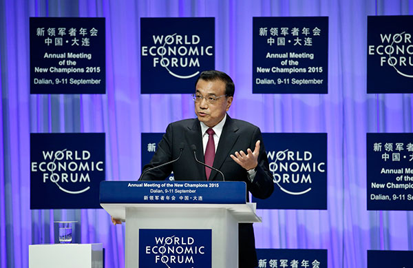 Premier Li Keqiang speaks at the Annual Meeting of the New Champions of the World Economic Forum in Dalian, Liaoning province on September 10, 2015. (Photo provided to China Daily) Premier Li Keqiang speaks at the Annual Meeting of the New Champions of the World Economic Forum in Dalian, Liaoning province on September 10, 2015. (Photo provided to China Daily)