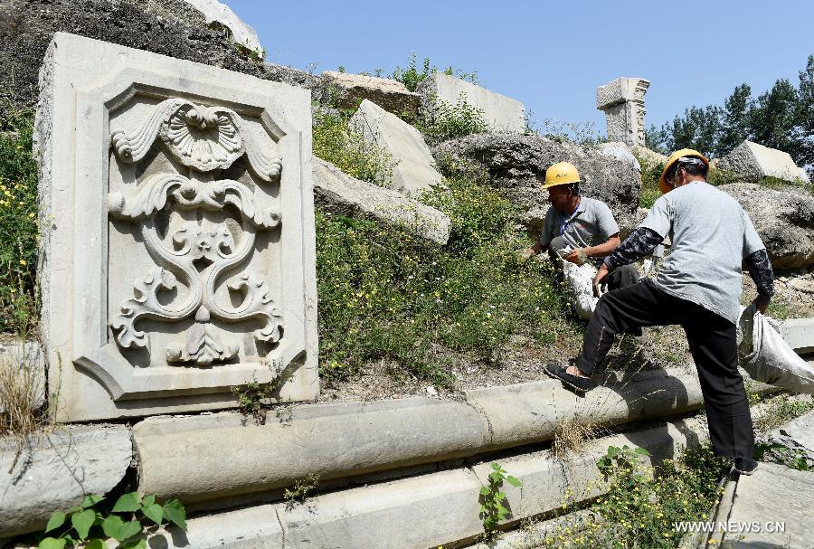 Staff members clean up weeds at ruins of Yuanying Guan (Immense Ocean Observatory) at Yuanmingyuan in Beijing, capital of China, May 23, 2018. The four-month reinforcement project of ruins of Immense Ocean Observatory at the historical site of Yuanmingyuan started lately.(Xinhua/Luo Xiaoguang)