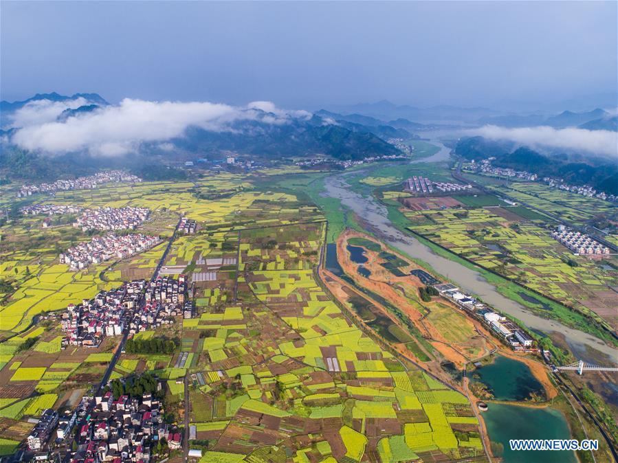 Aerial photo taken on April 3, 2018 shows a wetland park in Fenkou Town, Chun\'an County, east China\'s Zhejiang Province. Comprehensive progress has been made since the report delivered at the 18th National Congress of the Communist Party of China (CPC) in 2012 included ecological development as a major task in the country\'s overall plan and proposed building a \