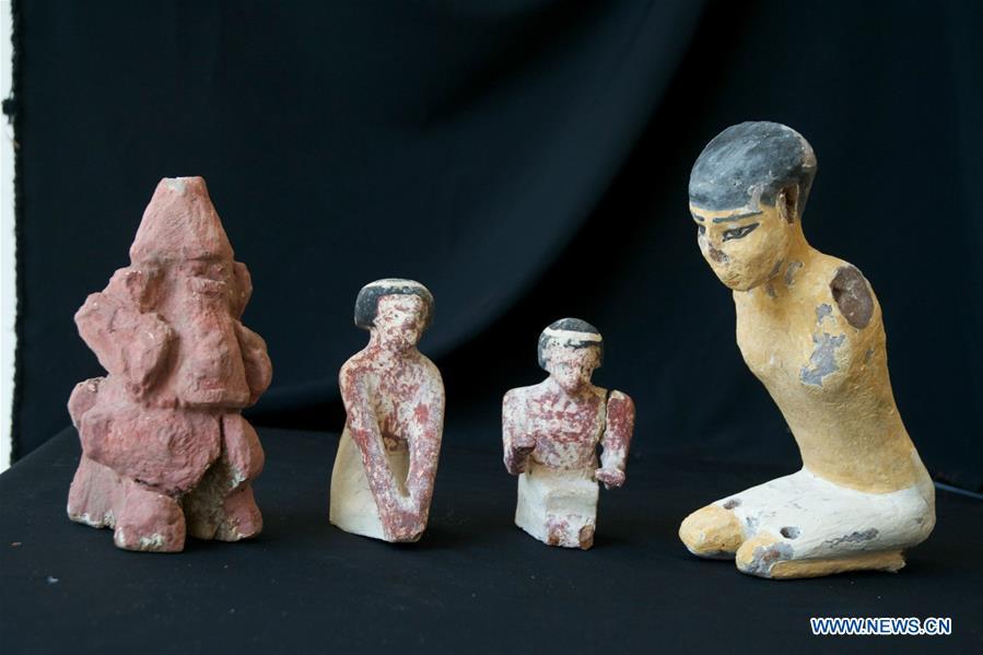 The undated photo provided by Egyptian Ministry of Antiquities shows retrieved smuggled artifacts in Cairo, Egypt. Egypt retrieved hundreds of smuggled artifacts and thousands of ancient coins busted by the Italian authorities in the city of Naples months ago, the Egyptian general prosecution said in a statement on June 30, 2018. (Xinhua)