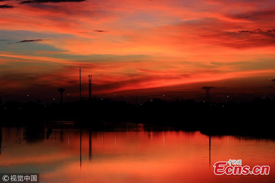 Crimson clouds at sunset hang over the sky in Shaoxing City, Zhejiang Province, Aug. 14, 2018, after the typhoon Yagi. (Photo/VCG)