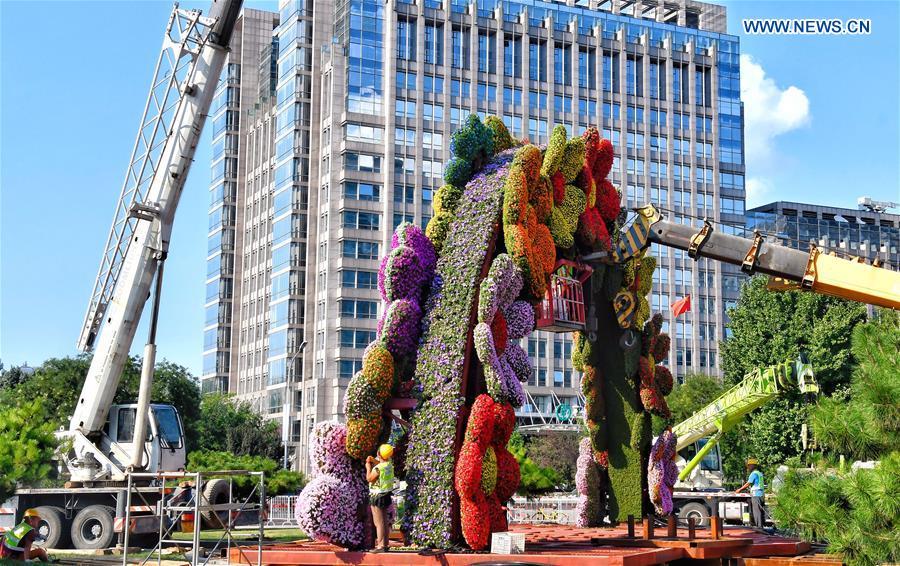 Gardeners arrange a parterre at the Dongdan crossing in Beijing, capital of China, Aug. 23, 2018. Parterres were set up in Beijing to receive the upcoming Forum on China-Africa Cooperation (FOCAC) summit. (Xinhua/Li Xin)