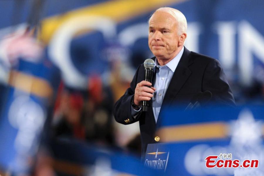 File photo taken in Nov. 2008 shows senator John McCain speaks at a campaign rally for US presidential election. John McCain, a former prisoner of war in Vietnam who ran for president in 2008 as a maverick Republican and became a prominent critic of President Donald Trump, died on Saturday. He was 81. (Photo: China News Service/Zhang Wei)