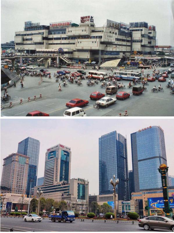 Chengdu modernity 1994 and 2017  (Photo by Bruce Connolly/chinadaily.com.cn)

Near the temple, a metro station facilitated smooth access to Tianfu Square which I had previously visited in 1994. Overlooked by Chengdu’s iconic statue of Chairman Mao Zedong, I gazed around at how commercial architecture had changed so much over a quarter century into the contemporary face of Sichuan’s capital. However something had not changed - the bicycles flowing along Renmin West Road except that today they were mostly shared bikes.

The riverside cafes I had visited so long ago have disappeared but nearby sits a modern development I have frequently praised. The Taikooli complex combines traditional Chengdu architecture with contemporary design, so creating an excellent example of a lifestyle experience encompassing retail, dining and hotel in a traffic free environment easily accessed by metro.

Last spring, 2017, I had arrived by high-speed train from Chongqing to Chengdu\'s large, recently completed East Station before transferring by metro toward the Tibet Hotel. From there back in 1994 I checked out, traveling onward by bus to Leshan, embarking on a lengthy river journey down to Wuhan. In 2017, I left that same hotel walking up Renmin Road to board train T8 on a journey of rediscovery back up the same line I travelled on a quarter century previously.