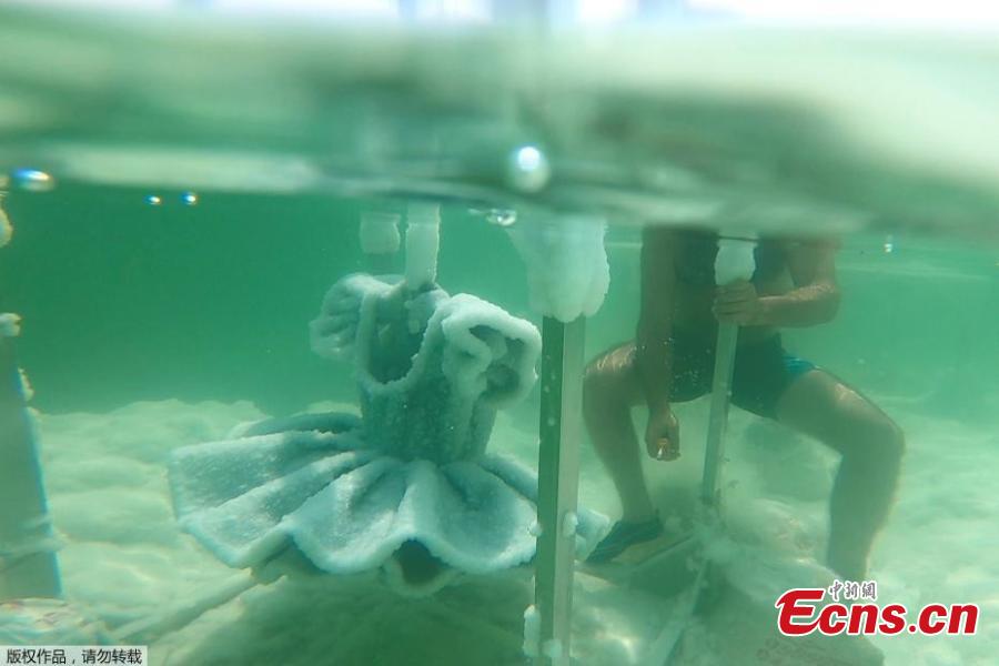 A man helps remove one of Israeli artist Sigalit Landau\'s pieces, a ballerina\'s tutu covered in salt crystal formations, from it\'s anchorage at the bottom of the Dead Sea, Israel, Aug. 30, 2018, in this still image taken from a video. (Photo/Agencies)
