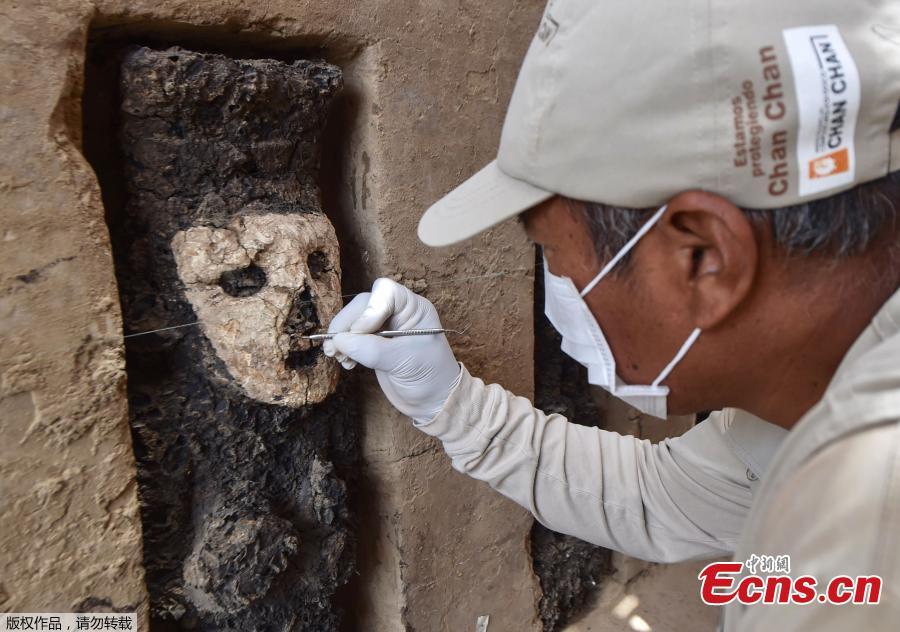 An archaeologist cleans a wooden mask of the Mochica culture at Chan Chan archeological complex in Trujillo, Peru, Oct. 22, 2018. Archeologists in Peru have found 20 800-year-old wooden statues in the largest pre-Columbian site in the Americas, Culture Minister, Patricia Balbuena and researchers revealed on Monday. (Photo/Agencies)