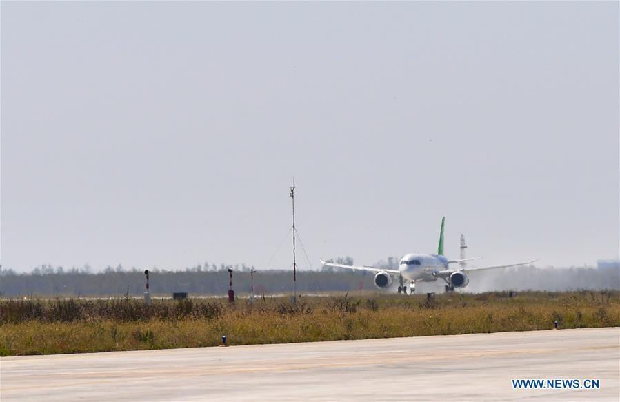 The No.102 C919 plane taxis at Nanchang Yaohu Airport, east China\'s Jiangxi Province, Oct. 27, 2018. The No.102 C919 plane landed at Nanchang Yaohu Airport after a flight from Dongying Shengli Airport of east China\'s Shandong Province. The plane will undergo rigorous tests at this airport. (Xinhua/Hu Chenhuan)