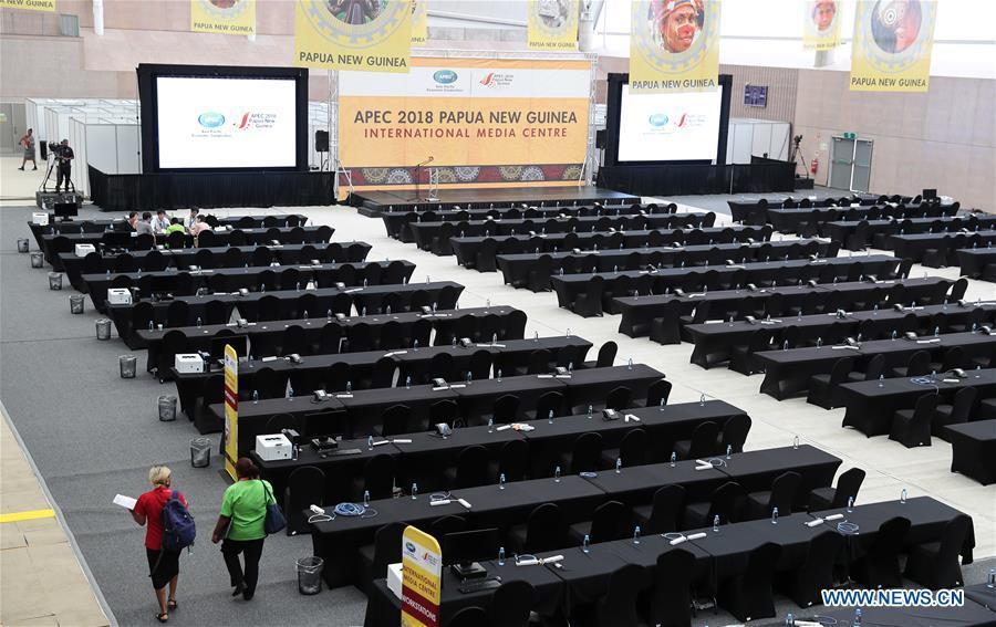 Photo taken on Nov. 13, 2018 shows the APEC 2018 International Media Centre in Port Moresby, Papua New Guinea (PNG). PNG, comprising about 600 small islands, is the host of the APEC meetings this year. The media centre opened to journalists on Monday and will be in use until Nov. 18. (Xinhua/Bai Xuefei)