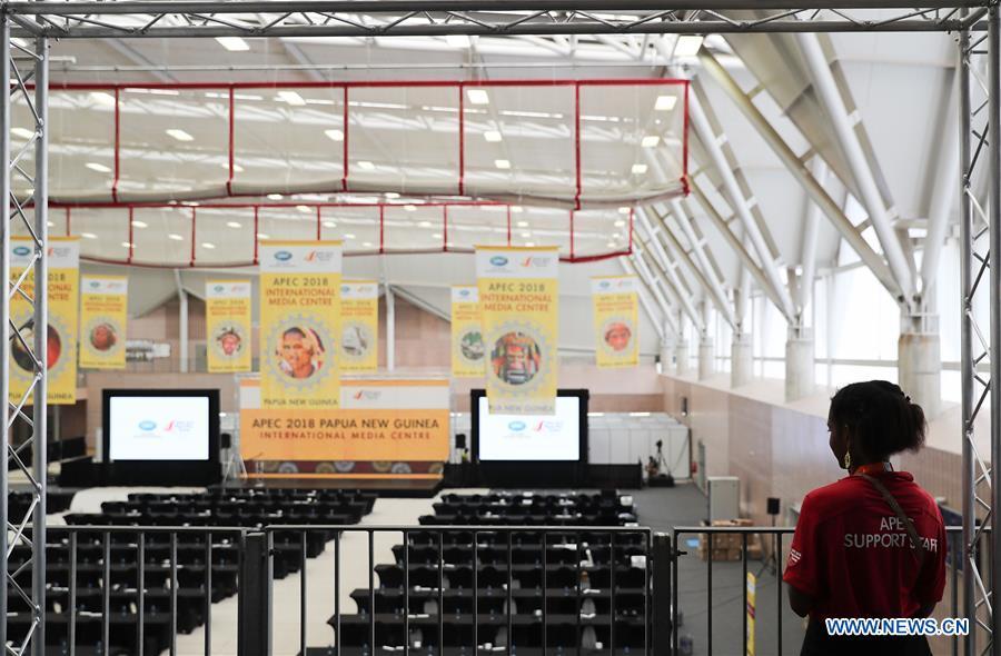 Photo taken on Nov. 13, 2018 shows the APEC 2018 International Media Centre in Port Moresby, Papua New Guinea (PNG). PNG, comprising about 600 small islands, is the host of the APEC meetings this year. The media centre opened to journalists on Monday and will be in use until Nov. 18. (Xinhua/Bai Xuefei)