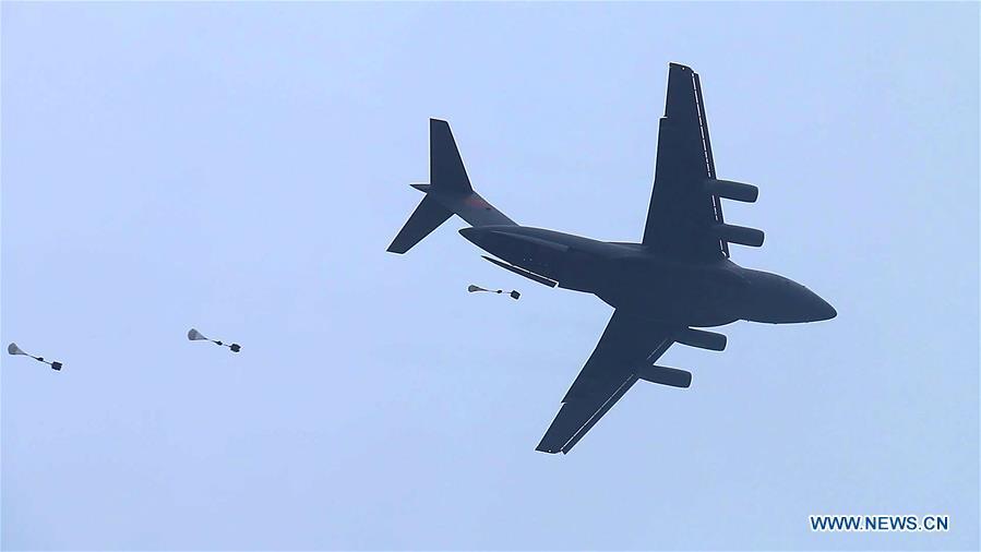 In this undated file photo, China\'s Y-20 heavy transport aircraft takes part in an airborne and air delivery training. The Chinese Air Force announced a roadmap for building a stronger modern air force in three steps. The building of a stronger modern air force is in line with the overall goal of building national defense and the armed forces, Lieutenant General Xu Anxiang, deputy commander of Chinese Air Force, said at a press conference on celebrating the 69th anniversary of the establishment of Chinese Air Force held in Zhuhai, south China\'s Guangdong Province, Nov. 11, 2018. (Xinhua)