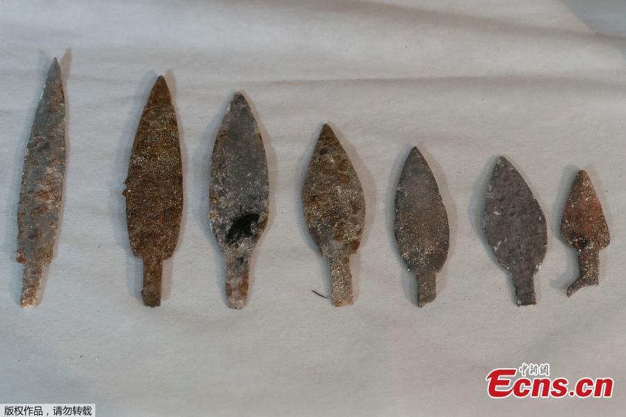 Pointed heads of Indigenous lances rescued from the ashes of the fire that swept through Rio’s National Museum in September, are displayed during a media presentation, in Rio de Janeiro, Brazil, Dec. 10, 2018. The director of the National Museum and the German consul hosted the press conference to announce their partnership for the reconstruction of the museum. (Photo/Agencies)