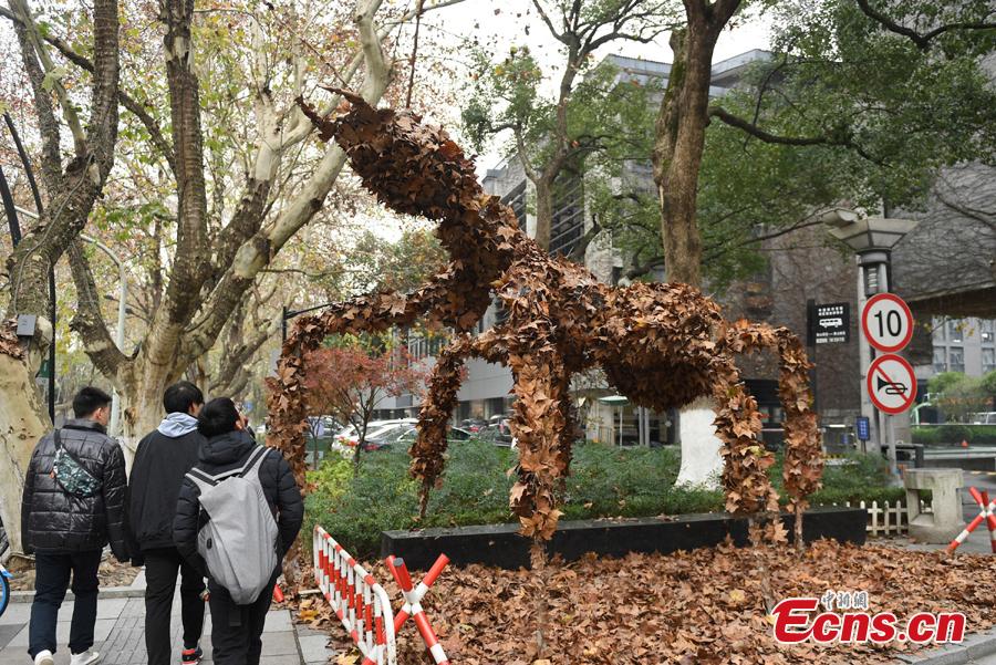 People enjoy a foliage artwork at the West Lake in Hangzhou, Zhejiang Province, Dec. 12, 2108. Hosted by China Academy of Art, the Foliage Artwork Festival attracted many visitors. (Photo: China News Service/Wang Gang)