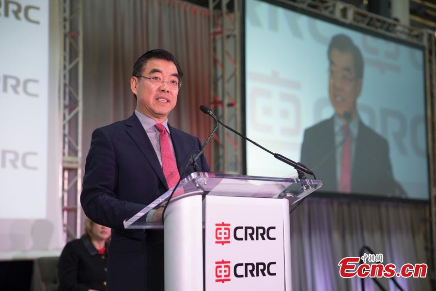 Chinese Consulate-General in New York Huang Ping makes a speech at a ceremony to mark the first train from the CRRC factory in Springfield, Massachusetts, the United States. (Photo: China News Service/Liao Pan)