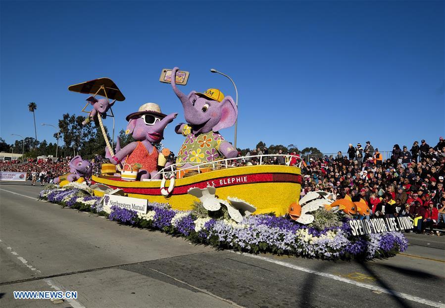 A float moves along Colorado Boulevard during the 130th Rose Parade in Pasadena, California, the United States, on Jan. 1, 2019. (Xinhua/Zhao Hanrong)