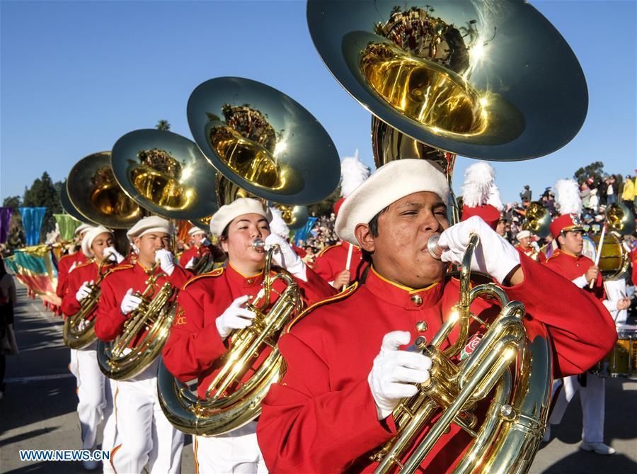 Members of a marching band perform along Colorado Boulevard during the 130th Rose Parade in Pasadena, California, the United States, on Jan. 1, 2019. (Xinhua/Zhao Hanrong)