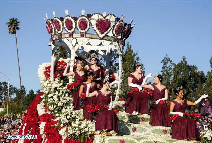Rose Queen and Princesses are seen on a float along Colorado Boulevard during the 130th Rose Parade in Pasadena, California, the United States, on Jan. 1, 2019. (Xinhua/Zhao Hanrong)