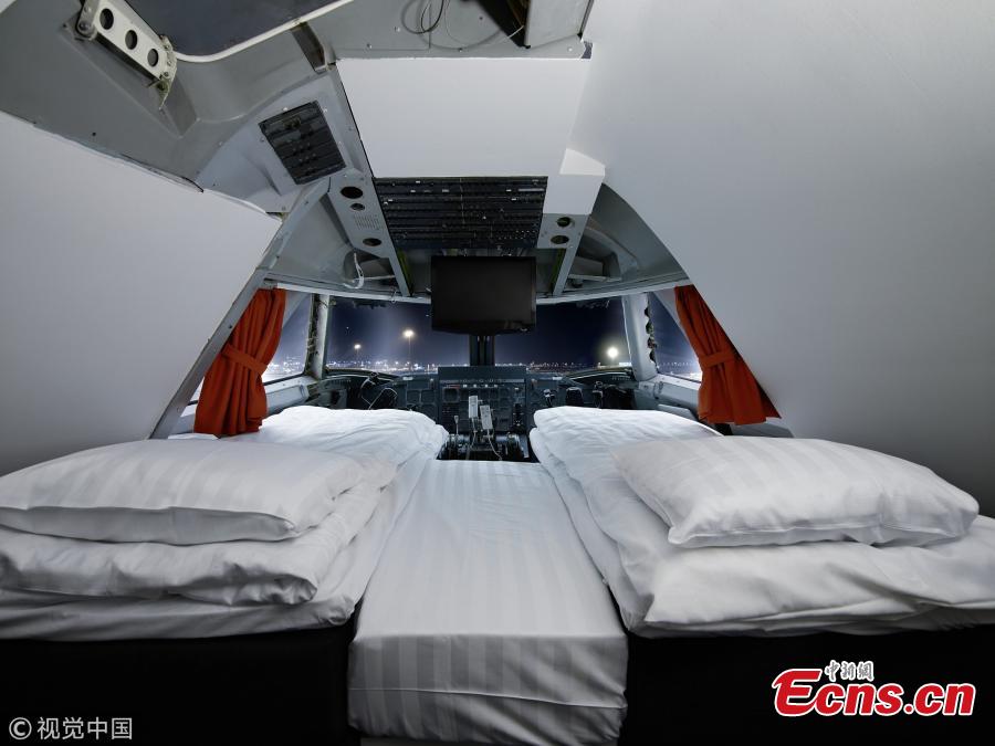 A view of the Jumbo Stay, a hostel located inside a decommissioned 747-200 jetliner at Arlanda Airport near Stockholm, Sweden. The airplane, built in 1976, was last operated by Transjet, a Swedish airline that went bankrupt in 2002. The hostel has 76 beds in 33 rooms, according to the official website. (Photo/VCG)