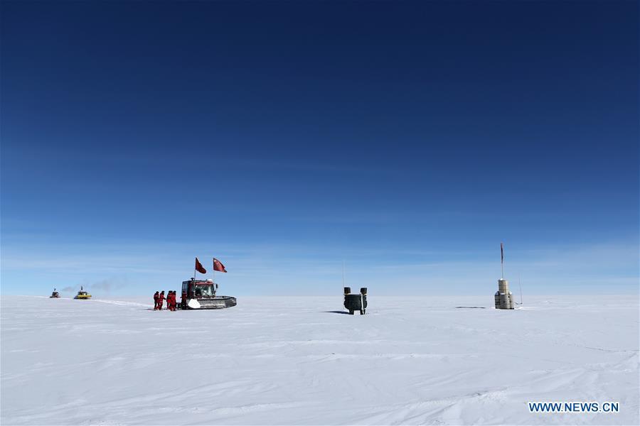 Members of China\'s 35th Antarctic expedition team arrive at the area of the Dome Argus (Dome A), the peak of Antarctica\'s inland icecap, in Antarctica, Jan. 16, 2019. (Xinhua/Liu Shiping)