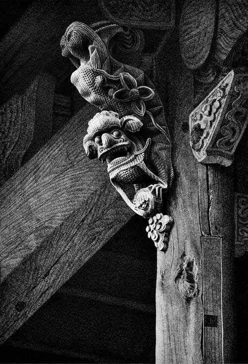 A 2016 pen-and-ink painting by Liu Kai shows a wood carving, a feature of traditional Chinese architecture. (Photo provided to chinadaily.com.cn)