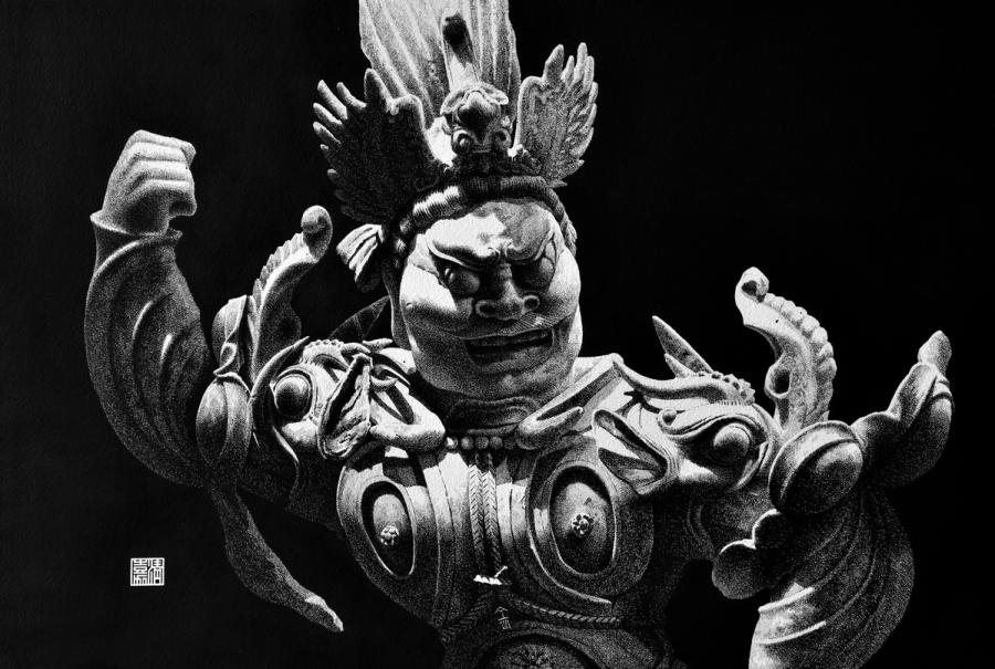 A 2017 pen-and-ink painting by Liu Kai shows a traditional Buddhist sculpture.  (Photo provided to chinadaily.com.cn)