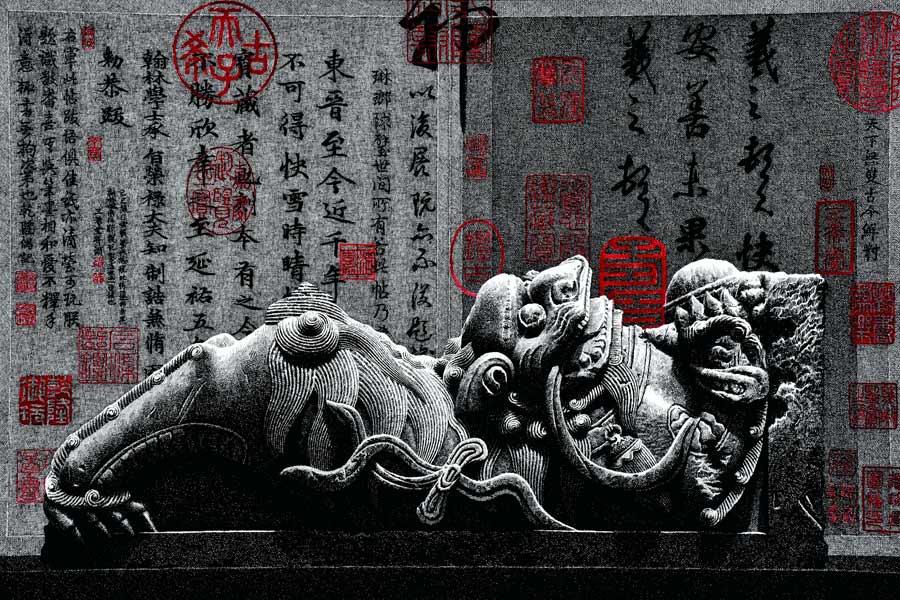 A 2017 pen-and-ink painting by Liu Kai shows a traditional Chinese sculpture. (Photo provided to chinadaily.com.cn)
